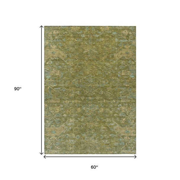 5' X 8' Fern Green And Blue Medallion Washable Indoor Outdoor Area Rug
