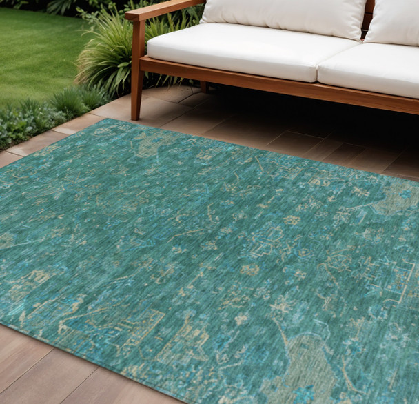 8' X 10' Teal Blue And Artichoke Green Medallion Washable Indoor Outdoor Area Rug