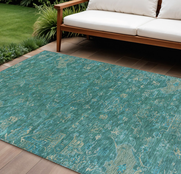 9' X 12' Teal Blue And Artichoke Green Medallion Washable Indoor Outdoor Area Rug