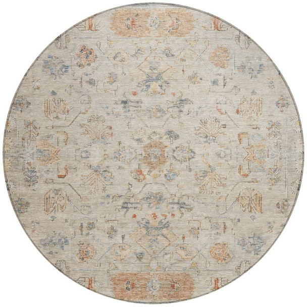 8' Beige And Gray Round Tribal Washable Indoor Outdoor Area Rug