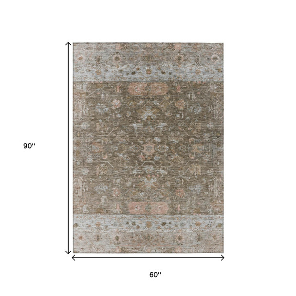 5' X 8' Brown And Gray Tribal Washable Indoor Outdoor Area Rug
