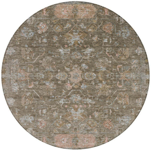 8' Brown And Gray Round Tribal Washable Indoor Outdoor Area Rug
