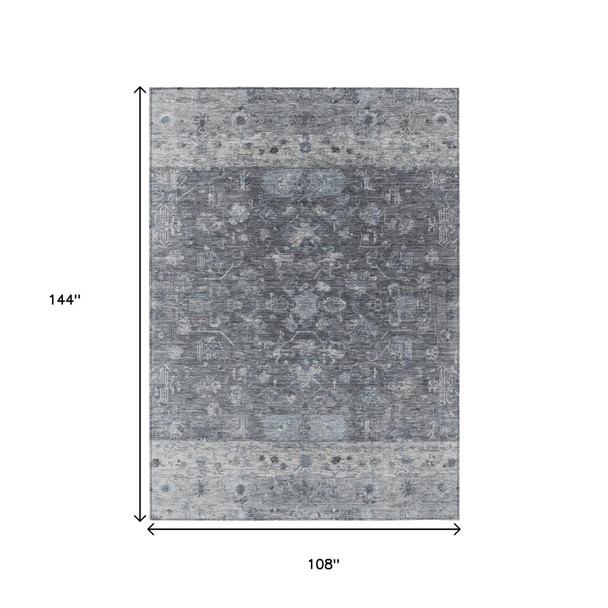9' X 12' Gray And Silver Tribal Washable Indoor Outdoor Area Rug