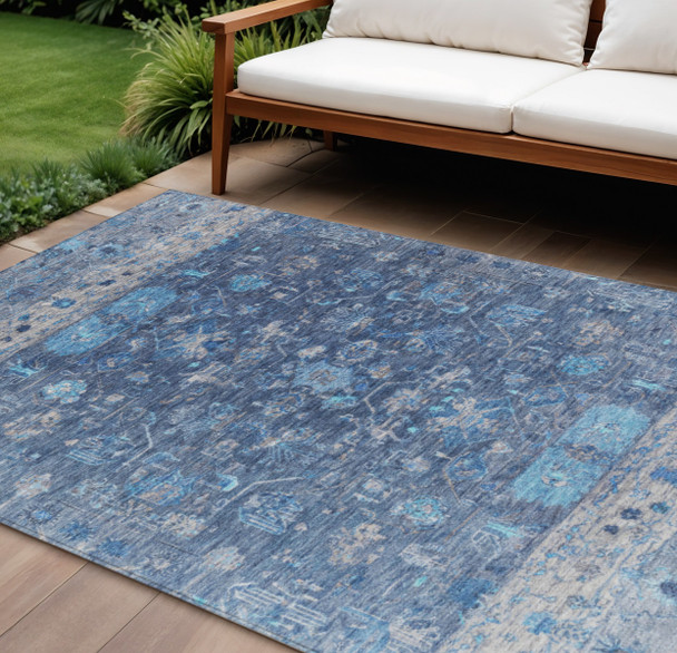 8' X 10' Navy Blue And Gray Tribal Washable Indoor Outdoor Area Rug