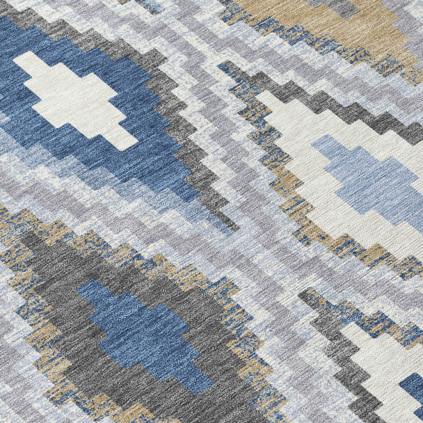10' X 14' Denim Blue Gray And Ivory Geometric Washable Indoor Outdoor Area Rug