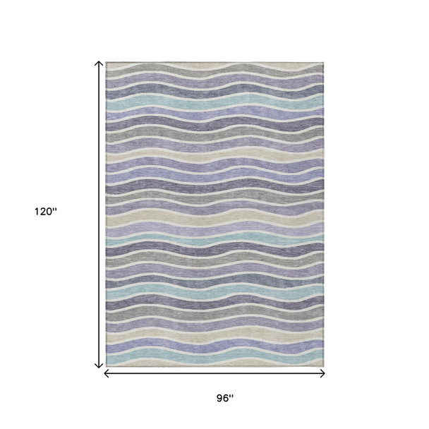 8' X 10' Lavender Tan And Ivory Striped Washable Indoor Outdoor Area Rug