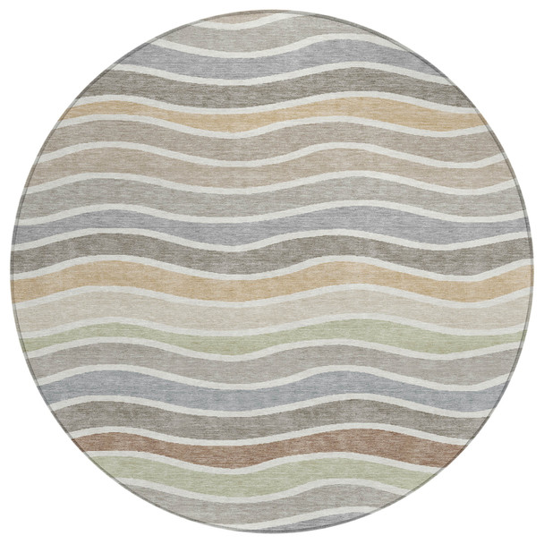 8' Taupe Ivory And Wheat Round Striped Washable Indoor Outdoor Area Rug
