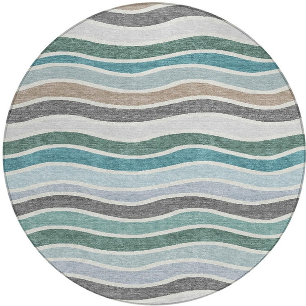 8' Teal Blue Khaki And Ivory Round Striped Washable Indoor Outdoor Area Rug