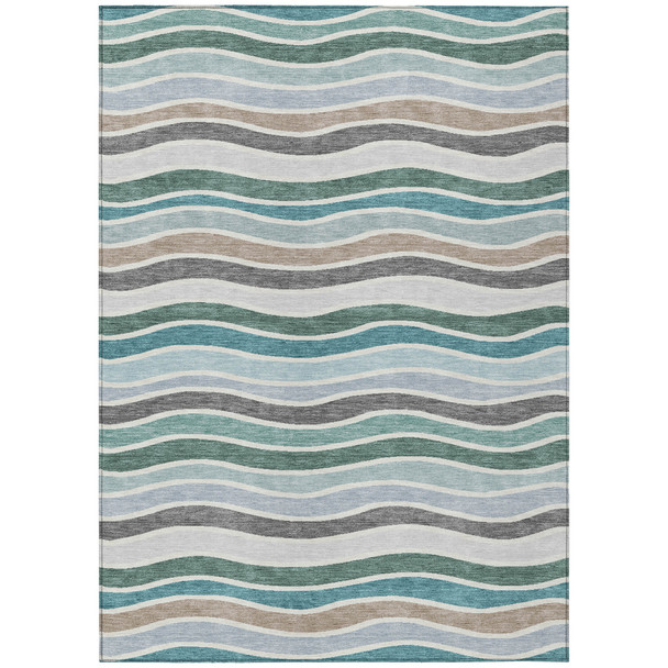 8' X 10' Teal Blue Khaki And Ivory Striped Washable Indoor Outdoor Area Rug