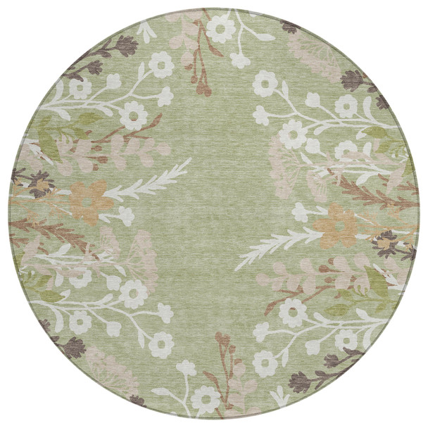 8' Artichoke Green Wheat And Ivory Round Floral Washable Indoor Outdoor Area Rug