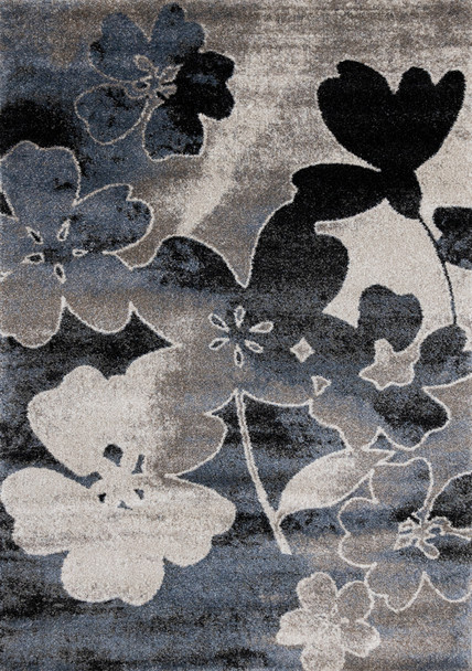 8' X 11' Blue Cream And Black Botanical Leaves Area Rug