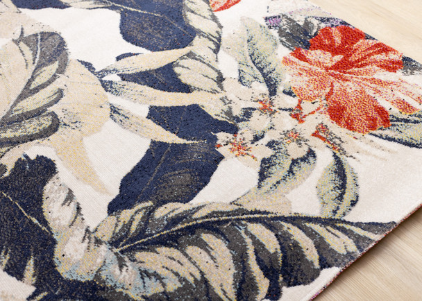 8' X 11' Cream Brick Red And Green Botanical Leaves Area Rug