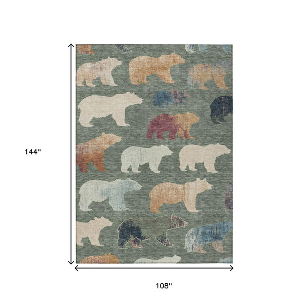 9' X 12' Green Ivory And Copper Bear Washable Indoor Outdoor Area Rug