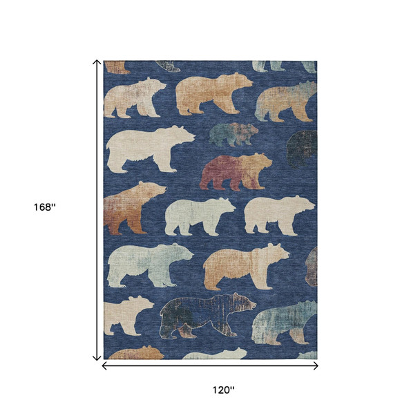 10' X 14' Navy Blue Ivory And Beige Bear Washable Indoor Outdoor Area Rug