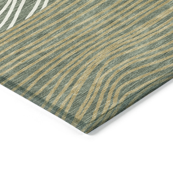 9' X 12' Fern Green Ivory And Gold Striped Washable Indoor Outdoor Area Rug