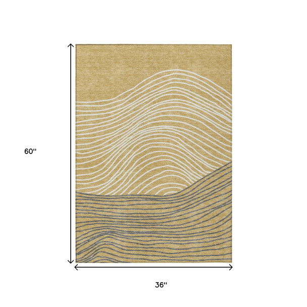 3' X 5' Gold Ivory And Charcoal Striped Washable Indoor Outdoor Area Rug
