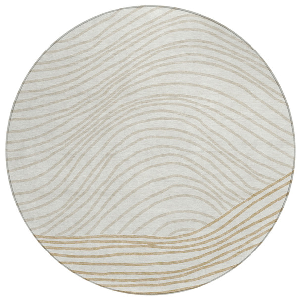 8' Ivory And Wheat Round Striped Washable Indoor Outdoor Area Rug