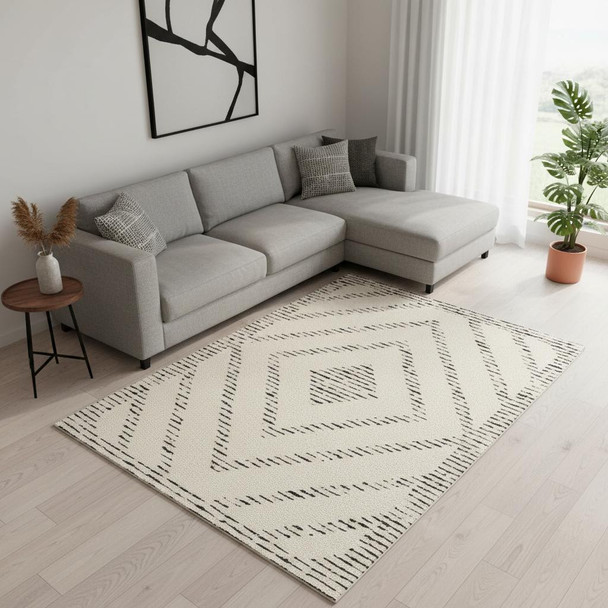 8' X 11' Cream And Black Geometric Area Rug