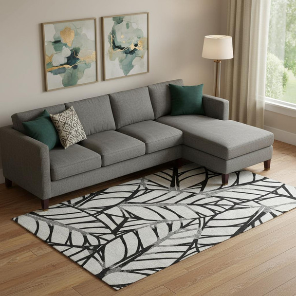 10' X 14' Black And Beige Floral Washable Area Rug With UV Protection