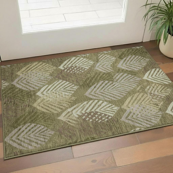 3' X 5' Olive Green Gray And Gold Floral Washable Area Rug With UV Protection