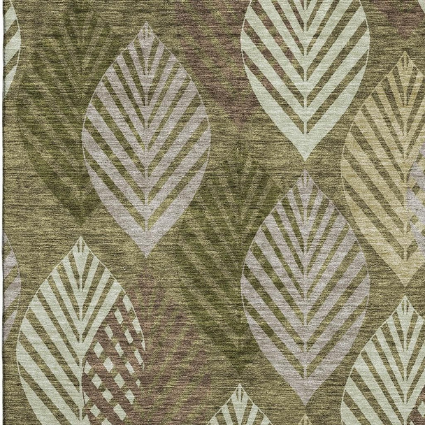 9' X 12' Olive Green Gray And Gold Floral Washable Area Rug With UV Protection