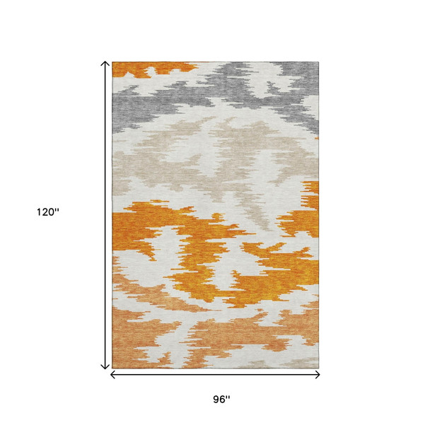 8' X 10' Orange Ivory And Gray Abstract Washable Area Rug With UV Protection