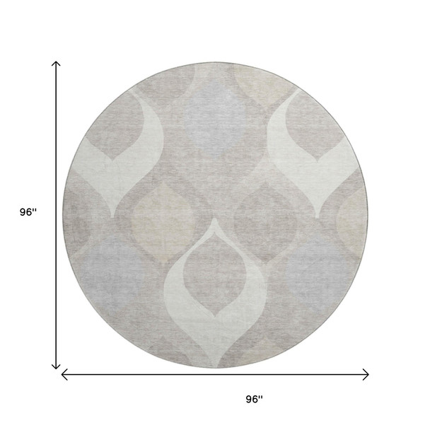 8' Ivory Beige And Gray Ogee Washable Round Rug With UV Protection