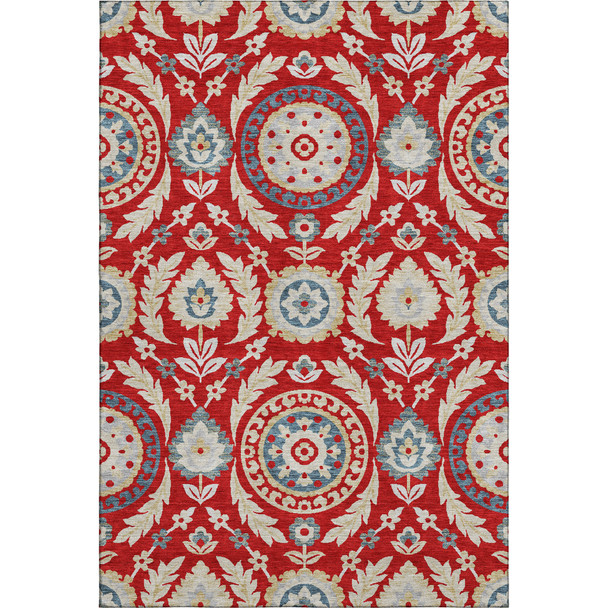 8' X 10' Red Gold And Blue Floral Washable Area Rug With UV Protection