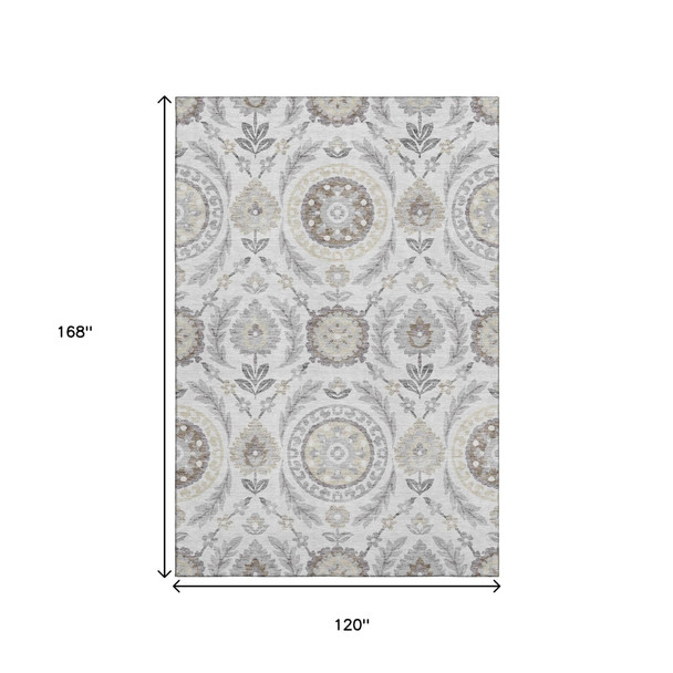 10' X 14' Silver Gray And Beige Floral Washable Area Rug With UV Protection