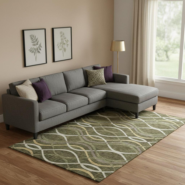 10' X 14' Olive Green Ivory And Gold Abstract Washable Area Rug With UV Protection