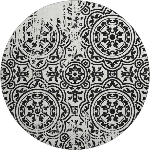 8' Black And Ivory Medallion Washable Round Rug With UV Protection