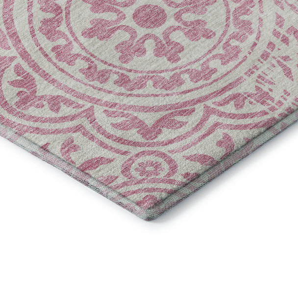 5' X 8' Pink And Ivory Medallion Washable Area Rug With UV Protection