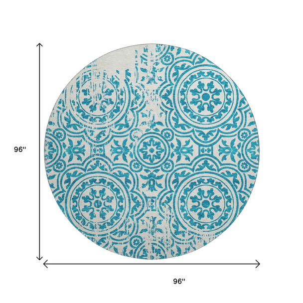 8' Teal And Ivory Medallion Washable Round Rug With UV Protection