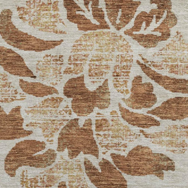 8' Terra Cotta And Beige Floral Washable Round Rug With UV Protection