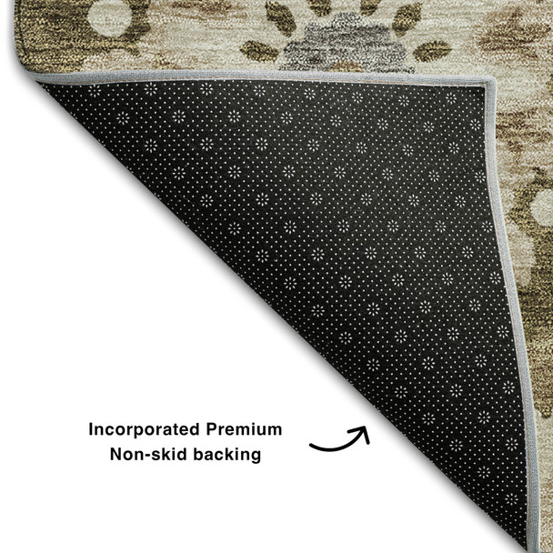 8' Brown Gray And Beige Medallion Washable Round Rug With UV Protection