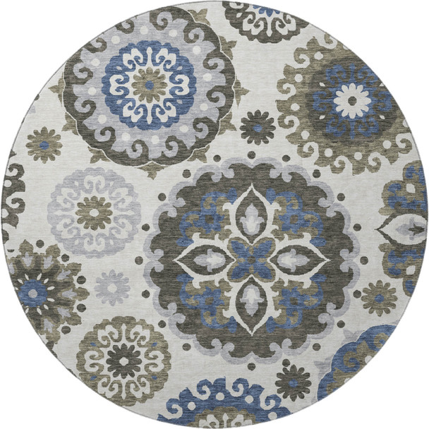 8' Pewter Blue And Gray Medallion Washable Round Rug With UV Protection