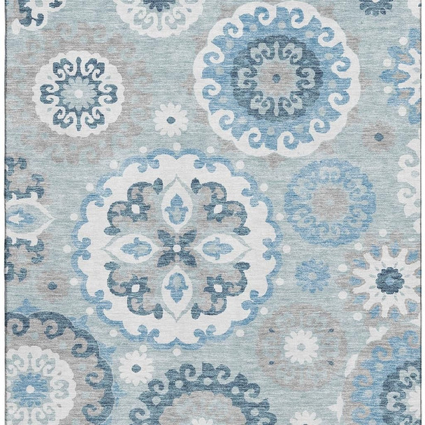 3' X 5' Sky Blue And Ivory Medallion Washable Area Rug With UV Protection