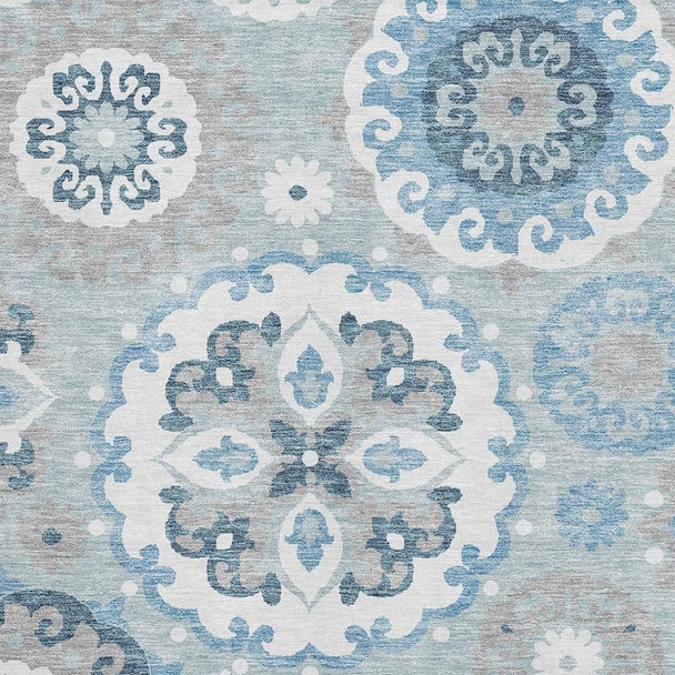 5' X 8' Sky Blue And Ivory Medallion Washable Area Rug With UV Protection