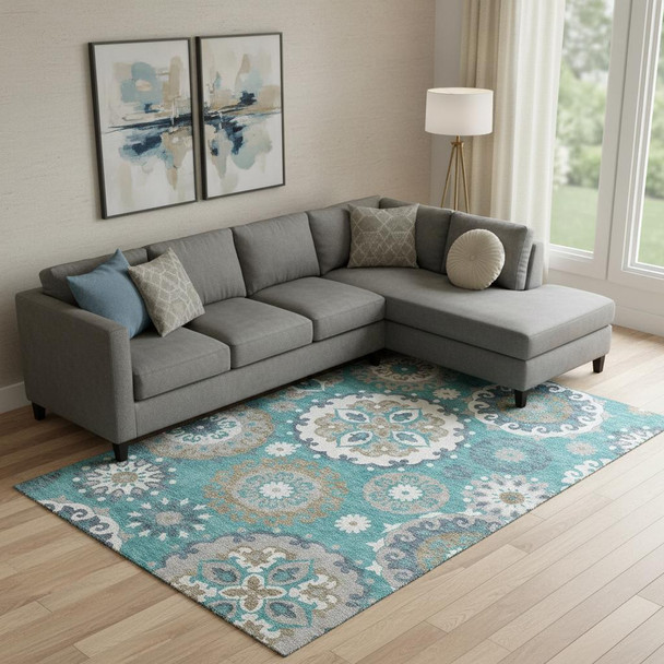 10' X 14' Teal Ivory And Gray Medallion Washable Area Rug With UV Protection