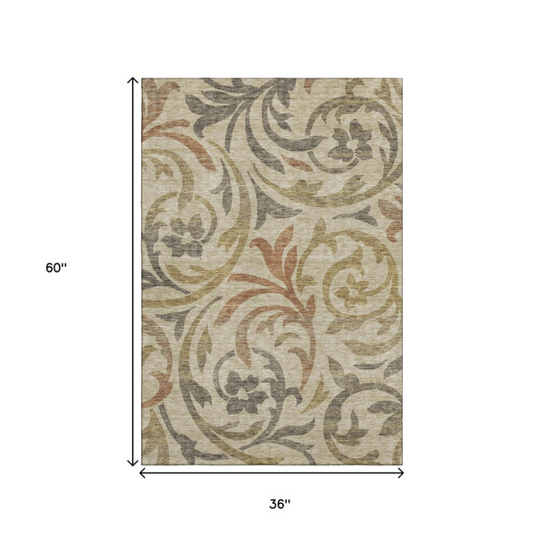 3' X 5' Beige Gold And Brown Floral Washable Area Rug With UV Protection