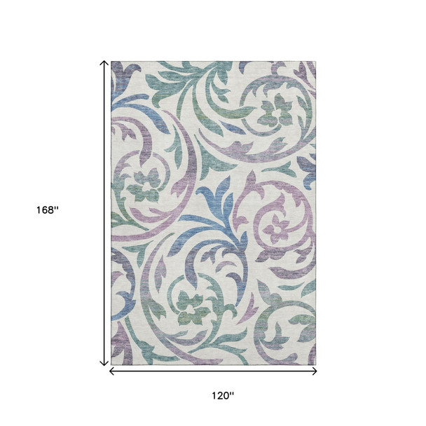 10' X 14' White Sage And Mauve Floral Washable Area Rug With UV Protection
