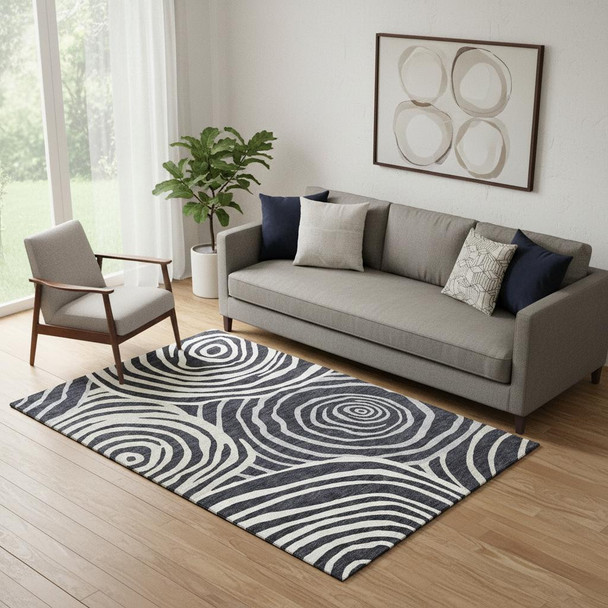 5' X 8' Black Ivory And Gray Abstract Washable Area Rug With UV Protection