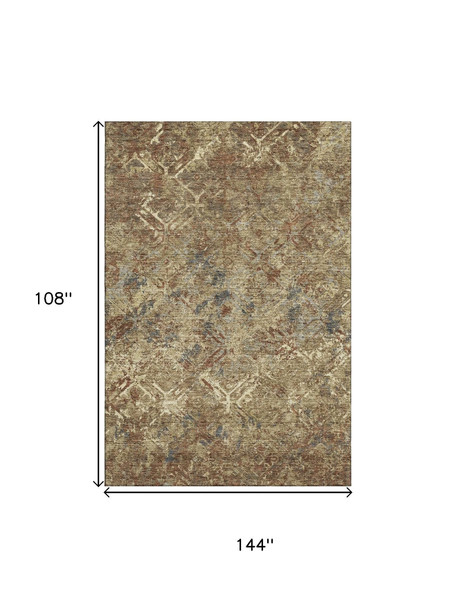 9' X 12' Brown Beige And Copper Diamond Washable Area Rug With UV Protection