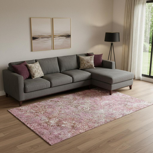 8' X 10' Pink Taupe And Ivory Diamond Washable Area Rug With UV Protection