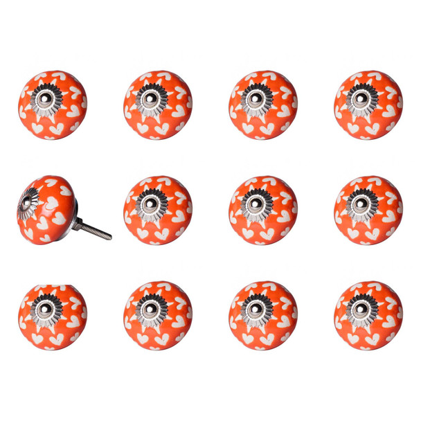 Set of Twelve Orange White And Silver Floral Ceramic Drawer Pull Knobs