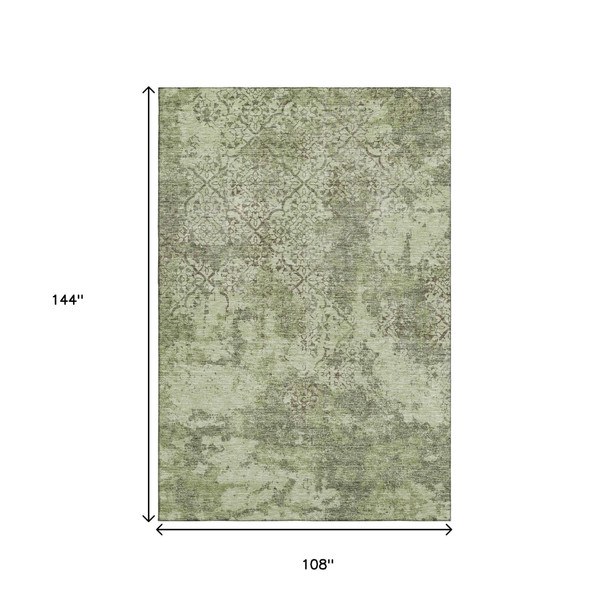 9' X 12' Artichoke Green Gray And Taupe Abstract Washable Area Rug With UV Protection