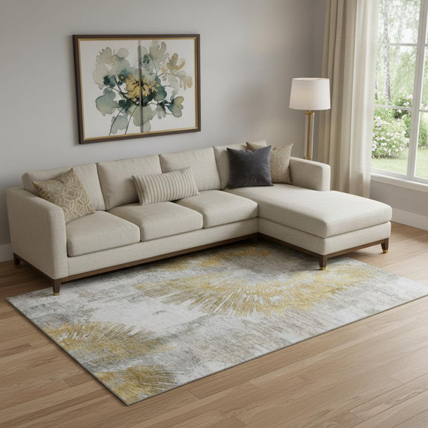 8' X 10' Gold Ivory And Gray Abstract Washable Area Rug With UV Protection