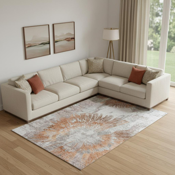 8' X 10' Terra Cotta Ivory And Gray Abstract Washable Area Rug With UV Protection