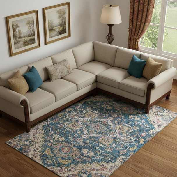 9' X 12' Blue Gold And Rust Floral Medallion Washable Area Rug With UV Protection