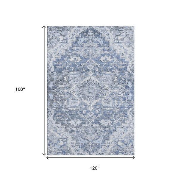 10' X 14' Denim Blue Ivory And Gray Floral Medallion Washable Area Rug With UV Protection